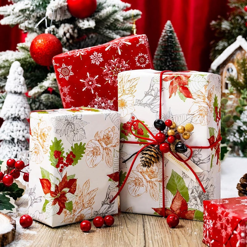 MAYPLUSS Christmas Wrapping Paper Roll, Vintage Reversible Christmas Gift Wrap with Poinsettia Design, Watercolor Red Green Floral Gift Wrapping Paper Holiday Present Packaging (17 Inch X 33 Feet) - Image 4